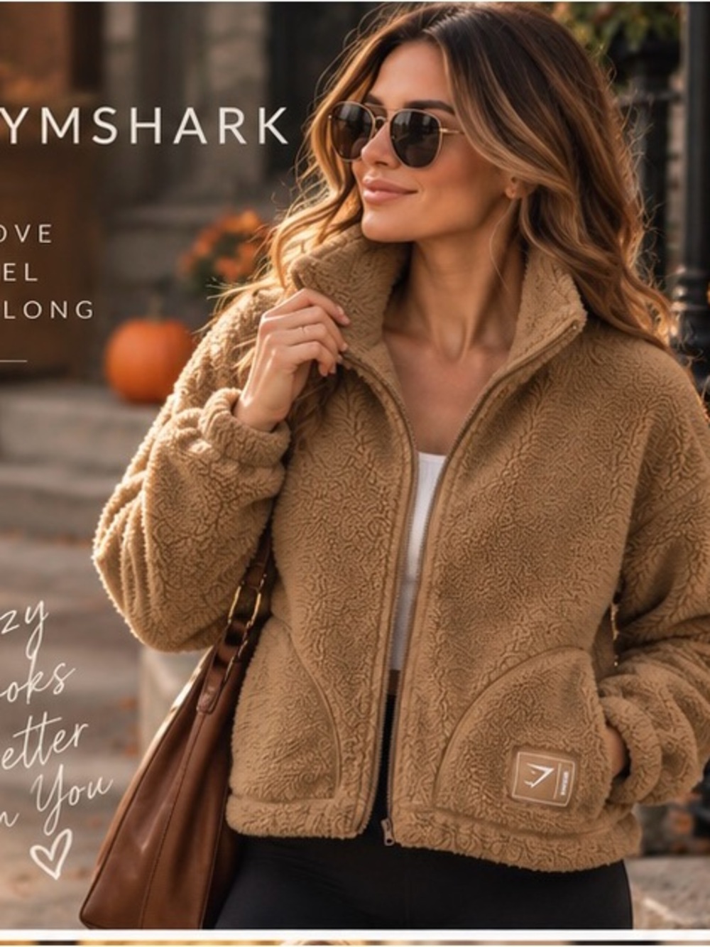 Gymshark Camel Teddy Sherpa Fleece Zip Jacket Size S